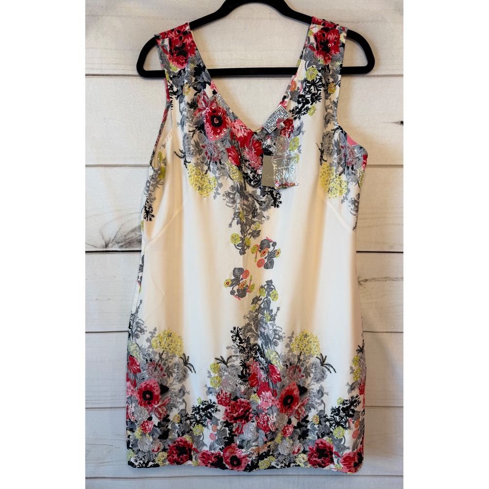 Baraschi Anthropologie Floral Beaded V-Neck Shift Dress Cream Red AD513 Size 14